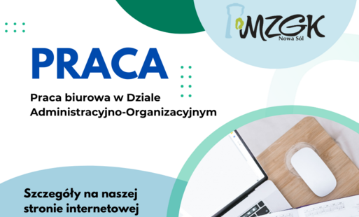 Grafika przedstawiająca tekst: Praca dla Pracownika biurowego w Dziale Administracyjno-Organizacyjnym. Na zdjęciu po lewej stronie tekst po prawej stronie w dole grafika komputera, myszki.