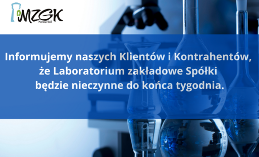 Grafika przedstawiająca sprzęt laboratoryjny i napis, że Laboratorium zakładowe będzie nieczynne do końca tygodnia. 
